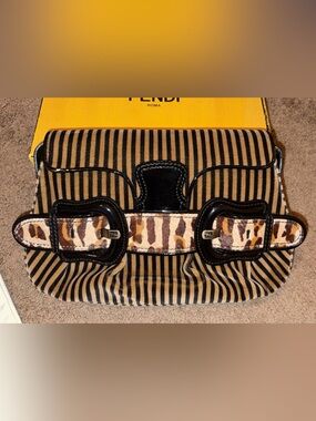 FENDI Striped Velvet B Bis Baguette Leopard Calf Hair, Black Patent Leather rare